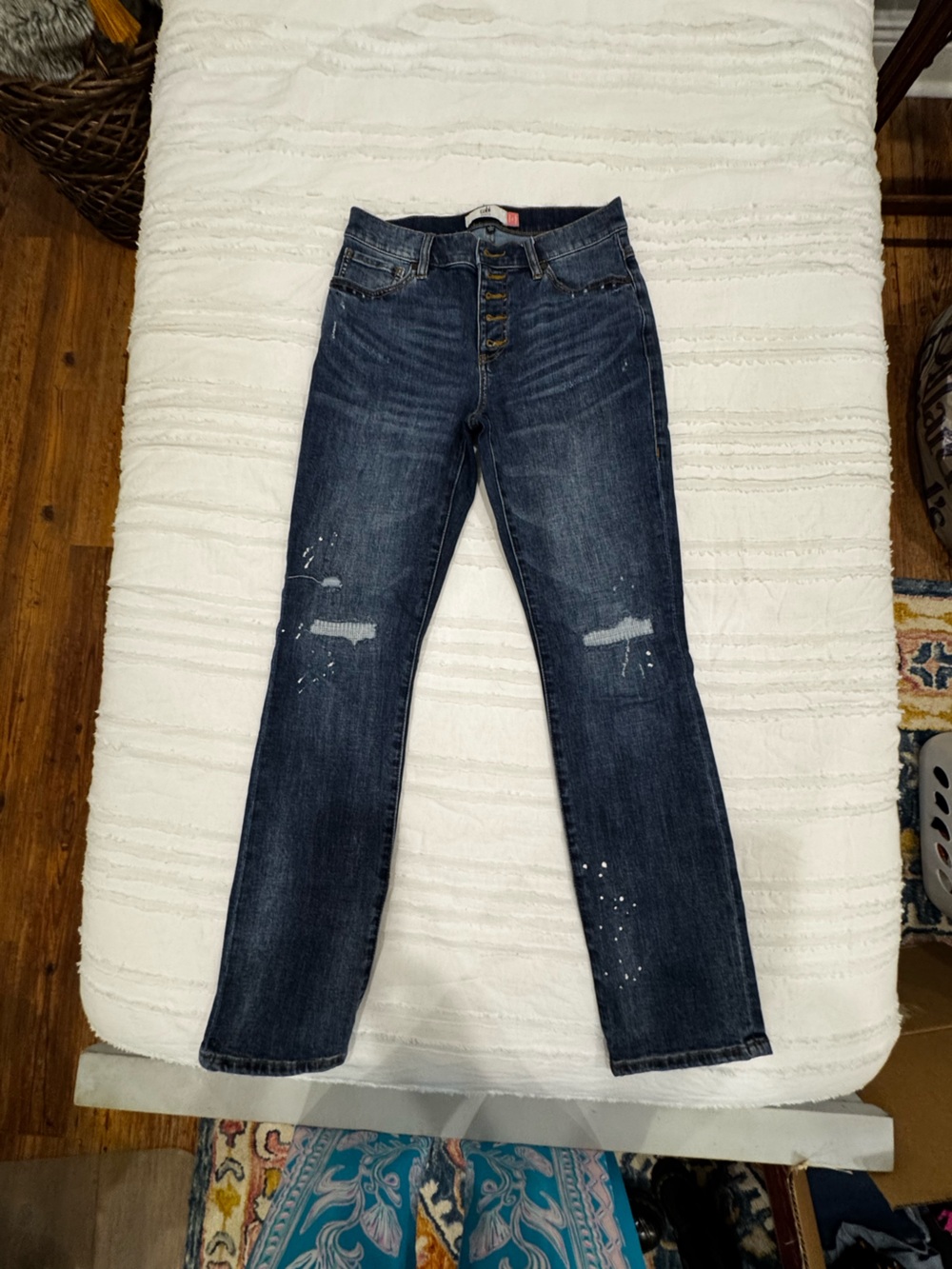CAbi Dark Indigo Skinny Jeans with Distressed Details